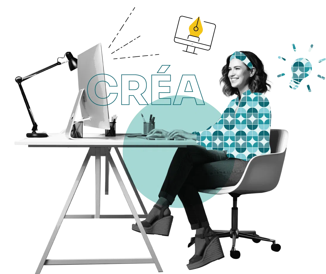 Visuel d'une femme avec un ordinateur illustrant le design graphique